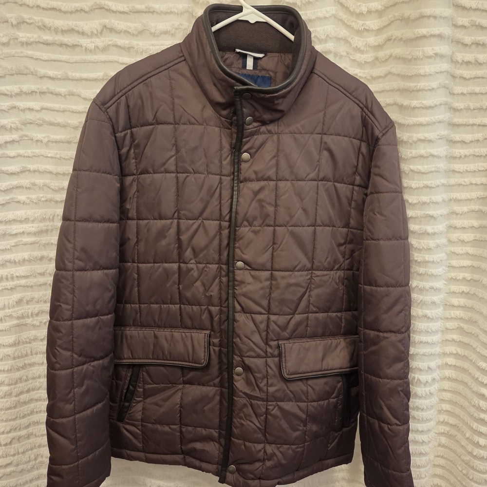 COLE HAAN Signature Box Quilted Men's Puffer Coat Winter Jacket Sz L BROWN